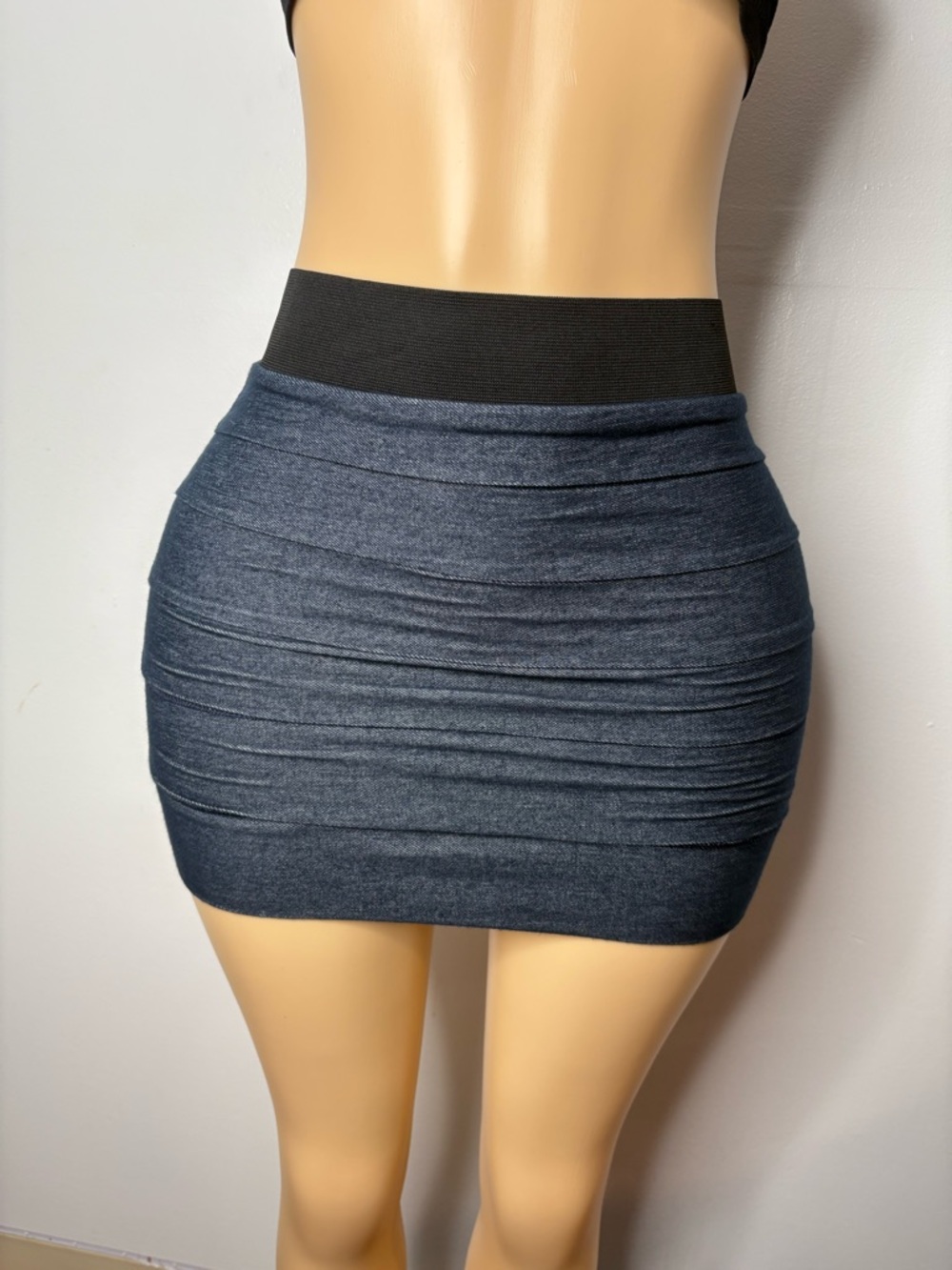 Express Dark Navy Ruched Mini Skirt with Black Waistband